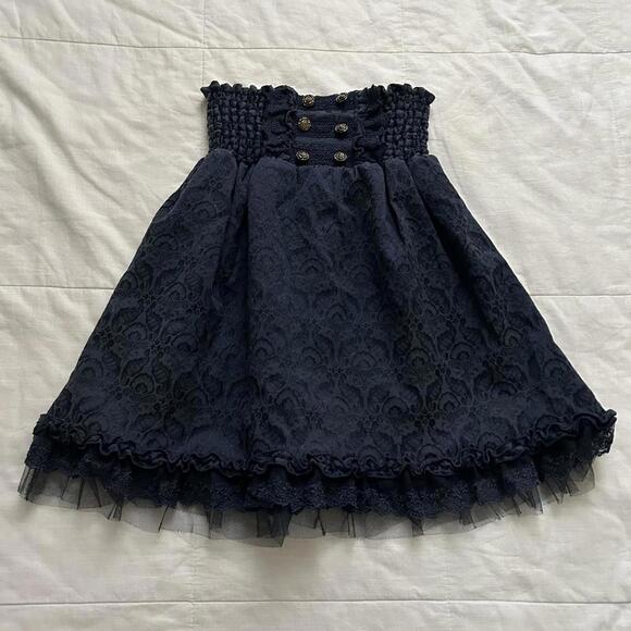 Axes Femme navy brocade high waisted skirt with buttons, ruffle hem - Picture 1 of 7